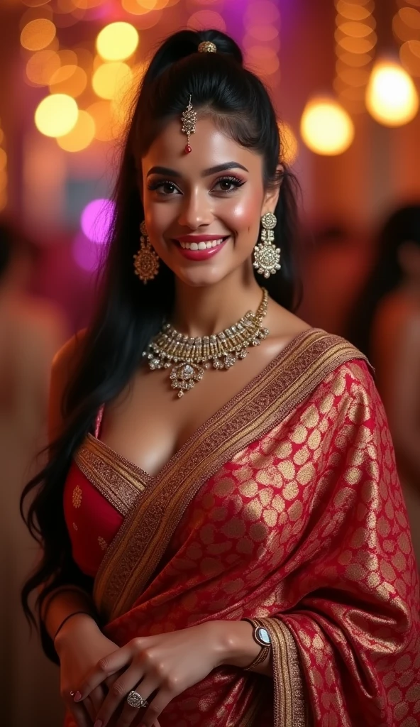 Full body image length including feet and sandals, full length photograph, 32 years old busty female, sexy luxury gorgeous saree and blouse with purse, party mood, big cheeks, super stylish dress with firm 36C cup breasts, accessories, earrings, necklace, erotic face, ponytail, look at viewer and smile, super realistic, looking straight at the camera, full length from head to feet photos, intricate details