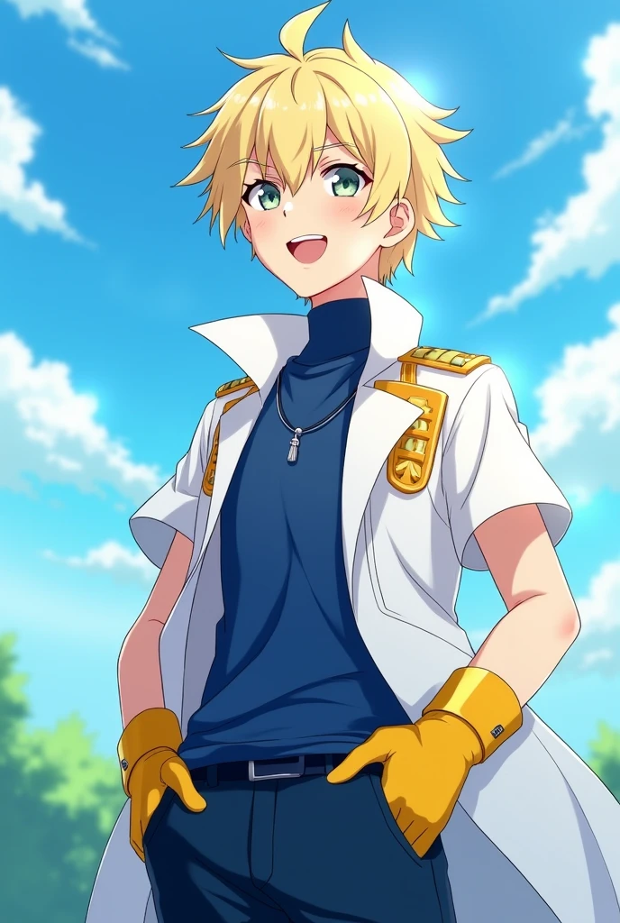 An anime 16 y/o  boy has an sparky white collar and jacket with  half sleeves like a shirt and a blue turtleneck under his jacket and yellow half finger gloves dark blue pants with light yellow hair  in day time