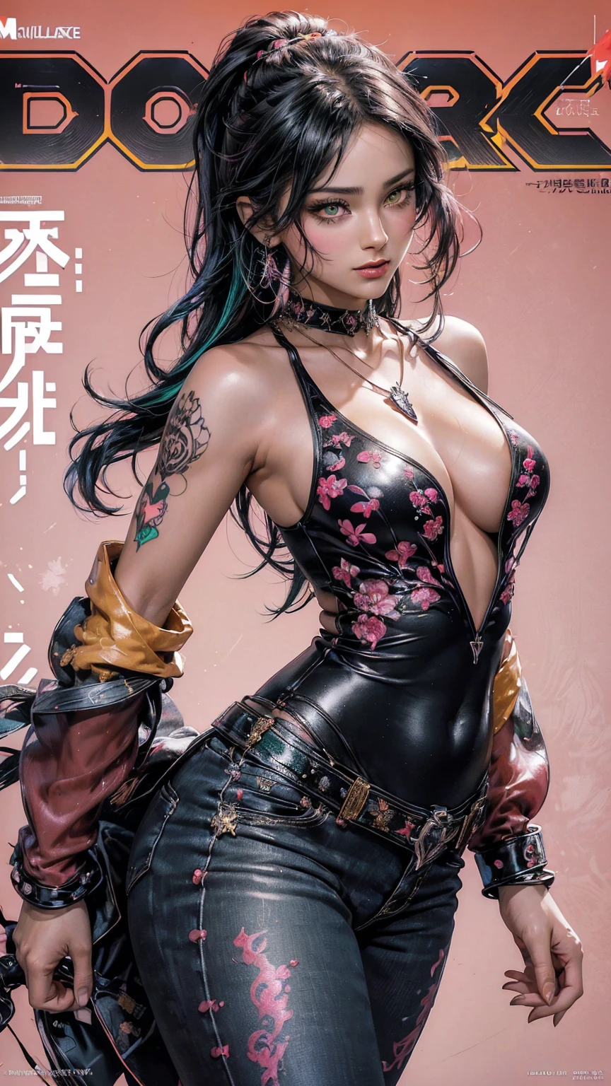 ((((spectacular))) ((heroic)) (((intense))),background, mixed-language_text, Japanese graffit lyrics ,girls, excellent lighting, sidelighting, (), vhsKeeper,, style GUILTY GEAR -STRIVE perfect ultimate (flat color: 1.3), (magazine_cover: 1.4), (multicolored_background: 1.3), striped_background, card_background, circular pieces of white metals glued to the arms coming out shimmering yellow glow,beautiful woman with ultra detailed long black hair, (beautiful and clear background: 1.2), fantastic paintings, graffit style flowers, highly detailed eyes, a t-shirt or dress with a white blouse underneath, background, mixed language_text, Japanese letters in graphite, ashley alexiss beautiful woman, long black hair, excellent lighting, side lighting, perfect ultimate (flat color pink bubblegum gradient: 1.3), (magazine_cover: 1.4), (multicolored_background: 1.3), striped_background, card_background, :: Discs with sharp and shiny blades in the hand :: circular pieces of white metals glued to the ultra detailed arms coming out sparkling shine, black star design stamped in the middle of the T-shirt, perfect and detailed sculptural body, ultra detailed shirt with abstract design and with Japanese letter print in graphite of the sides of the clothing, used jeans, large chest, with immersive effects, hover effect, graffiti style flowers background with flowers and vibrant colors, "ultra" hdr detailed and with focus effect, (masterpiece: 1.2, best quality), (beautiful emerald yellow eyes with finely detailed huge eyelashes: 1.2), , ((Solo)), (finely detailed eyes and detailed face: 1.3), beautiful ultra-detailed eyes, linear light smile, graphite and tattoo style background, skintight bodysuit with detailed tattoo style print, ultra-detailed red gradient leather jacket, warm thighs, black skintight pants with ultra-detailed white and pink details, large breasts, ultra-detailed bracelets on the arms, , (cross necklace)), ((tight red tank top, cleavage bulge, off shoulder))