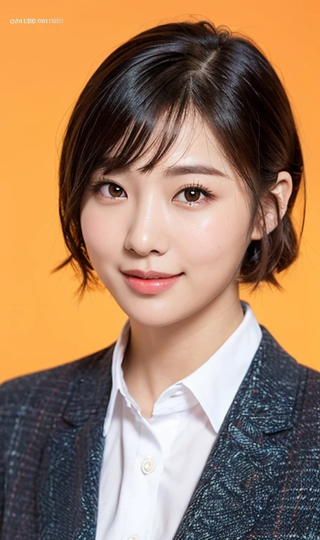 (a cute girl, with short bob hair, ponytail, Japanese idol, wearing a university student uniform, posing confidently in a studio, hands on hip, wearing fishnet tights and loafers, with white shirt and a pleated skirt, kind smile, beautiful detailed eyes, beautiful detailed face, long eyelashes, beautiful detailed lips, dimpled cheeks, ample bosom, masterpiece, photo-realistic, ultra-detailed, 8k, high resolution portrait illustration, natural colors, bokeh night, simple orange background, SFW, )