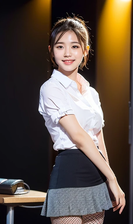 (a cute girl, with short bob hair, ponytail, Japanese idol, wearing a university student uniform, posing confidently in a studio, hands on hip, wearing fishnet tights and loafers, with white shirt and a pleated skirt, kind smile, beautiful detailed eyes, beautiful detailed face, long eyelashes, beautiful detailed lips, dimpled cheeks, ample ?????, masterpiece, photo-realistic, ultra-detailed, 8k, high resolution portrait illustration, natural colors, bokeh night, simple orange background, SFW, )