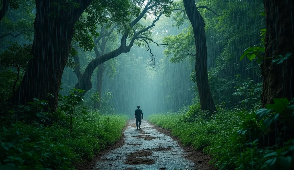 an image of a Vietnamese rural bushy narrow and overgrown trail, densely wooded with the thunder, so dark, heavy raining, in the style of colorful prisma, erased and obscured, multiple flash, iconic album covers, photography, 50mm