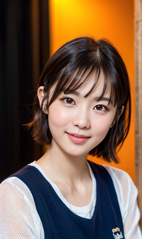 (a cute girl, with short bob hair, ponytail, Japanese idol, wearing a university student uniform, posing confidently in a studio, hands on hip, wearing fishnet tights and loafers, with white shirt and a pleated skirt, kind smile, beautiful detailed eyes, beautiful detailed face, long eyelashes, beautiful detailed lips, dimpled cheeks, ample bosom, masterpiece, photo-realistic, ultra-detailed, 8k, high resolution portrait illustration, natural colors, bokeh night, simple orange background, SFW, )