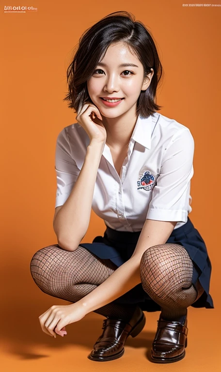 (a cute girl, with short bob hair, ponytail, Japanese idol, wearing a university student uniform, posing confidently in a studio, hands on hip, wearing fishnet tights and loafers, with white shirt and a pleated skirt, kind smile, beautiful detailed eyes, beautiful detailed face, long eyelashes, beautiful detailed lips, dimpled cheeks, ample bosom, masterpiece, photo-realistic, ultra-detailed, 8k, high resolution portrait illustration, natural colors, bokeh night, simple orange background, SFW, )