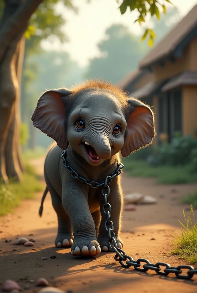 A baby elephant struggling to break free from a chain that's tightly wrapped around its leg. The background features a calm, its a village and the elephant's struggle.