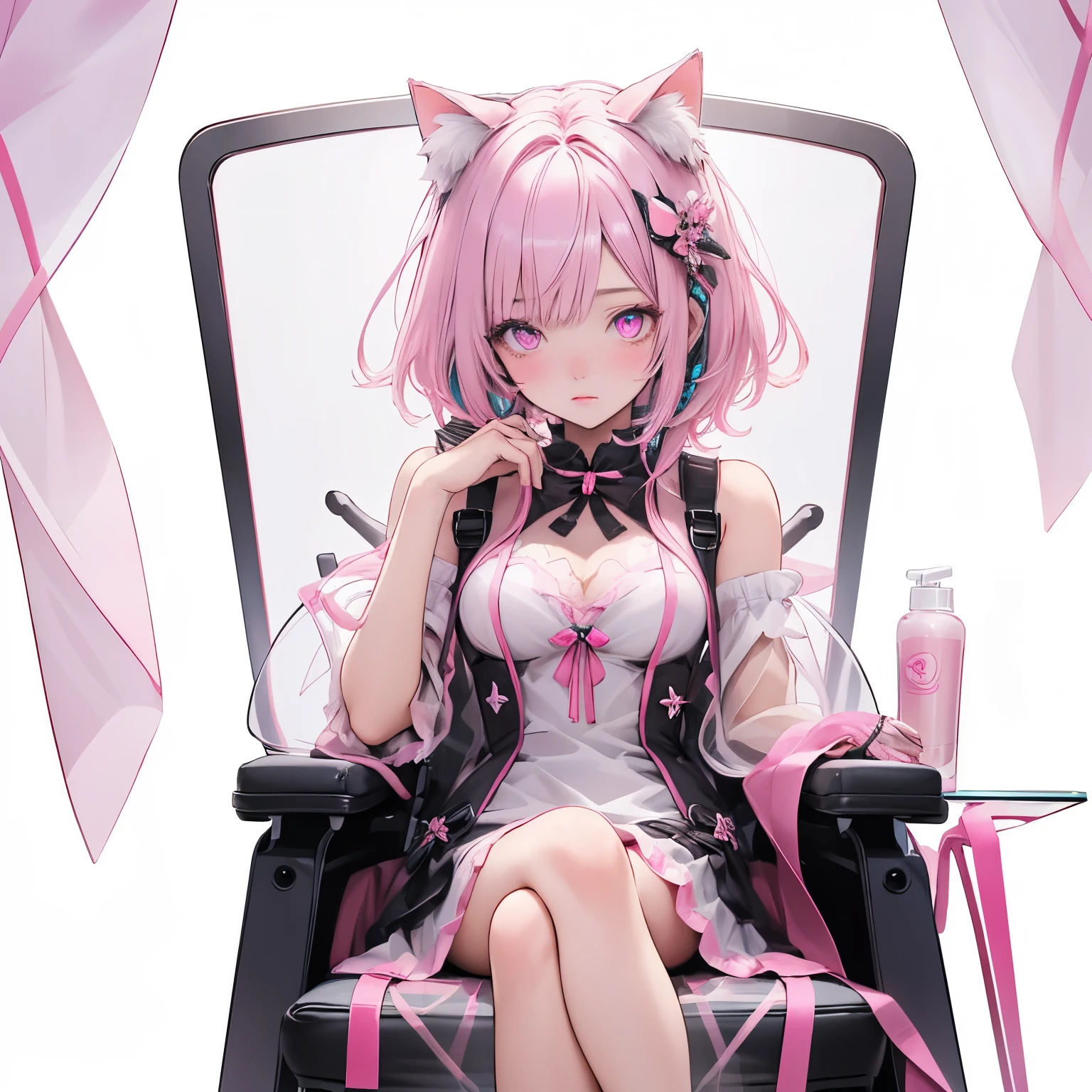 (masterpiece), Highest quality, Ultra-high resolution,Cat ears with pink ribbon、Pink Hair、Pink eyes、Clear colored clothes、lotion、(Transparent chair:1.5)