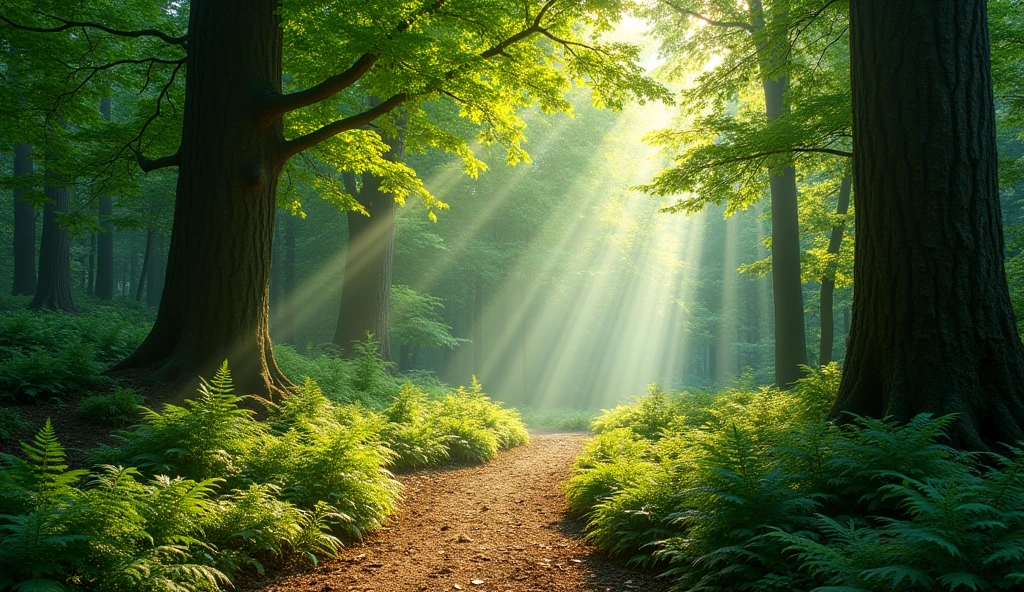 The image you provided features a serene forest scene with sunlight filtering through the trees, casting soft rays onto a pathway lined with ferns and lush greenery. The overall atmosphere is tranquil and inviting, with a sense of depth created by the play of light and shadows among the trees.
Here’s a prompt to describe this image:
"A tranquil forest pathway surrounded by tall, lush trees with vibrant green leaves. The sunlight filters through the dense canopy, casting gentle rays onto the dirt path below, which is lined with ferns and undergrowth. The scene is peaceful and bathed in warm, natural light, with a serene and inviting atmosphere."