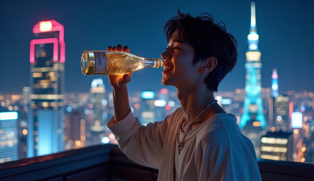 (best quality, masterpiece, ultra detailed), On a rooftop in the city at night, a age Japanese male idol picks up a bottle of wine and smiles with the night view in the background. The camera slowly approaches him from behind.