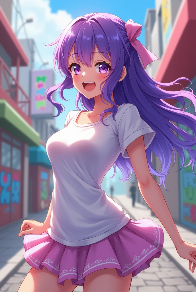 Adult girl with purple hair, violet eyes, with big breasts and sometimes. In a tight white T-shirt, and a skirt. Smiles playfully. anime style
