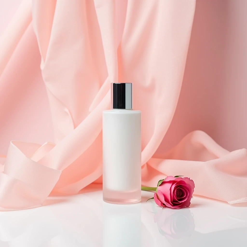 In this bottom view shot , the whitening essence bottle sits on a gleaming white surface , surrounded by wisps of pink chiffon . A rose next to the product. The bottle is slender and sophisticated , with a clear glass body and a gleaming silver cap . The chiffon adds a delicate , feminine touch to the image , while the clean lines and minimalist styling emphasize the elegance of the product .pink background . Shot by Ellen von Unwerth , using a Sony Alpha a7R IV and a Sony FE 50mm f /1.8 lens iw 2 --s 50