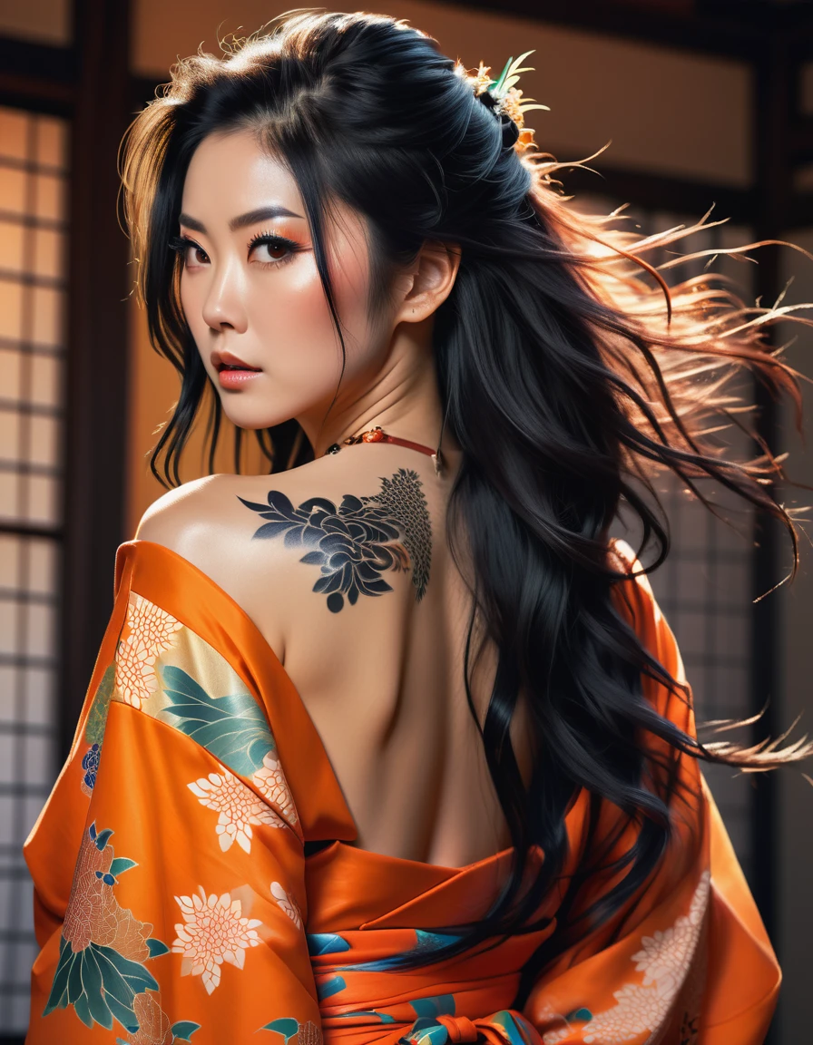 A beautiful Japanese woman, medium to long black hair, Messy hair, clip, bare back tattoo, Solemn expression, vibrant orange traditional kimono, dramatic lighting, photorealisitic, ultra detali, realisitic, bright coloured, conceptual artwork, best qualityer, 8k, high resolution, work of art, Physically based rendering,extreme detailed description, proffesional