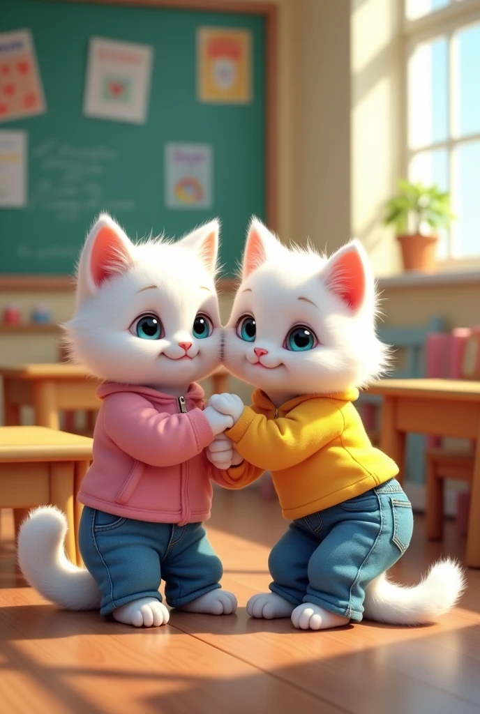 Happy little white cat dressed in pink shirt and blue jeans is touched by   white cat dressed in blue jeans and yellow shirt in school on head