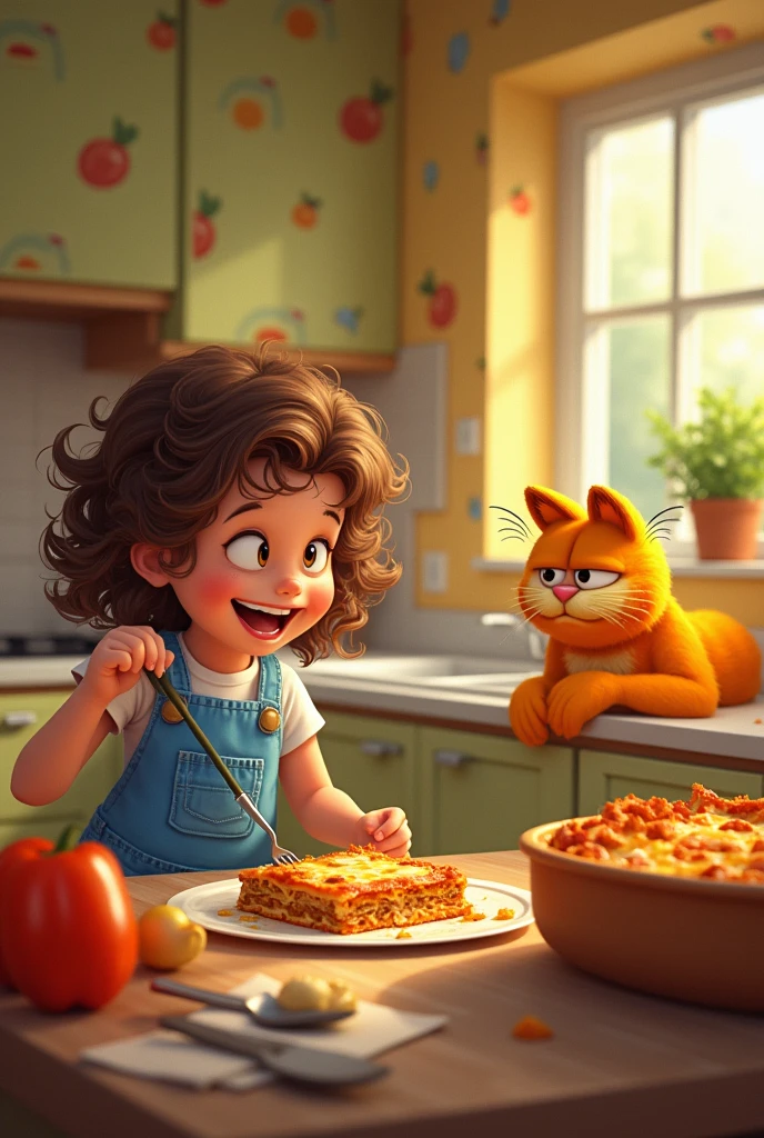 A girl eats lasagna and Garfield is watching
