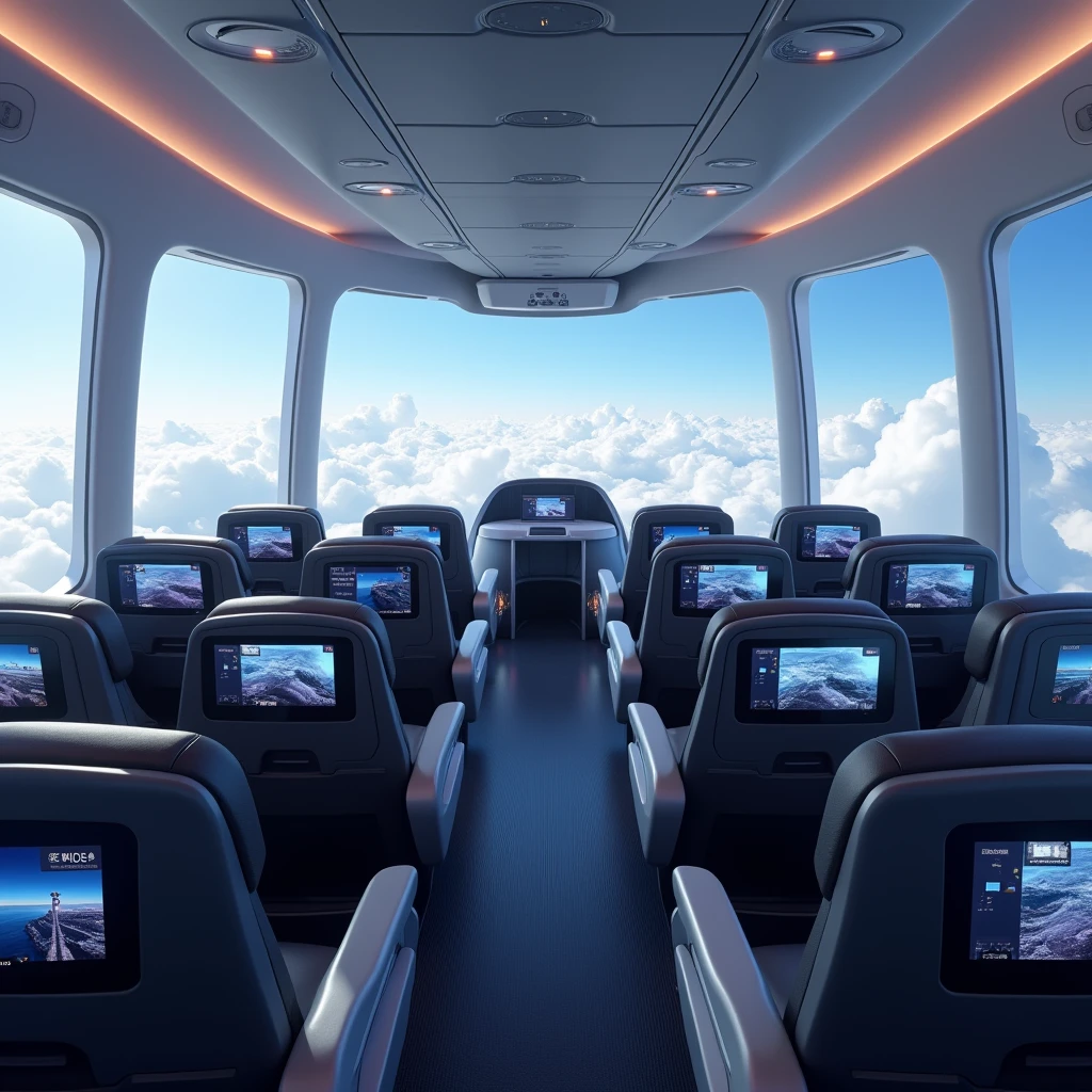 In the cockpit of the aircraft,You can see a lot of airplane seats,The seats have screens on the headrests,Real Effects,No passengers,Can see out the window and back of the seat,The camera rotates 45 degrees, VR Effect