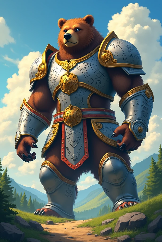 Make a bear as a summon, that is giant and has armor, that the style is anime-like like Naruto's