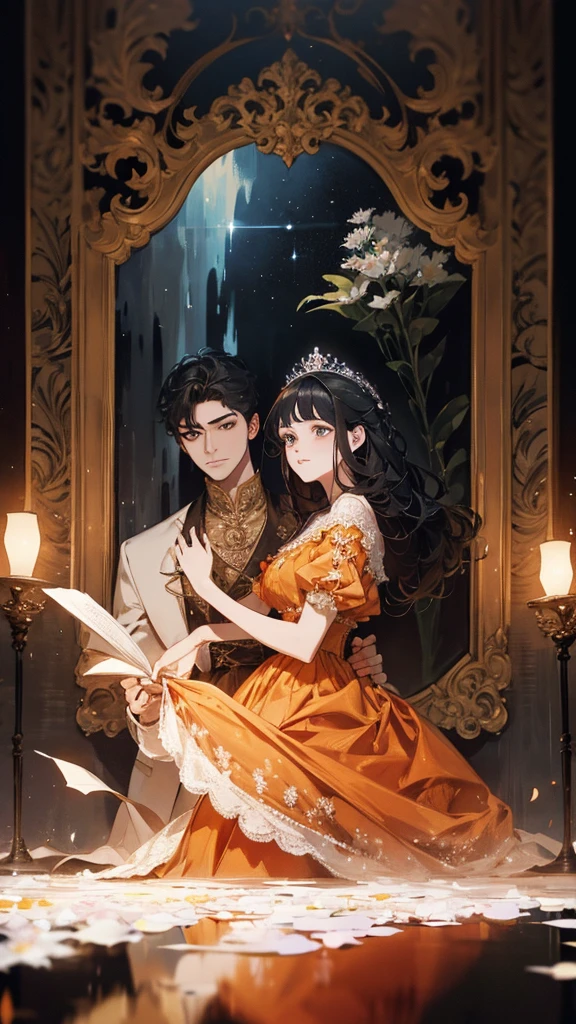 a princess wears orange dress, haunting, glowing dress, black hair, masterpiece, magical, in painting, in canvas, many flowers, reflections