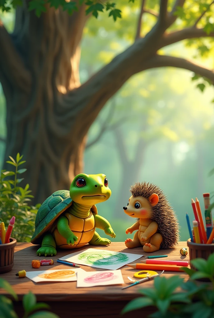 a small turtle and a small hedgehog in kindergarten on a tree for a ren&#39;s book