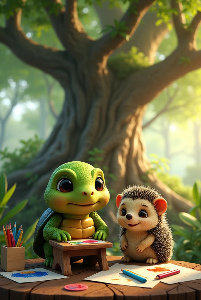 a small turtle and a small hedgehog in kindergarten on a tree for a children's book