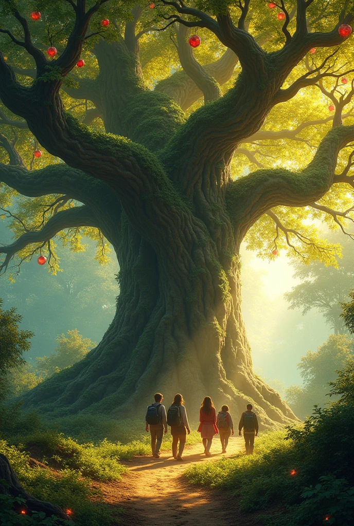 Discovery of the Magical Tree:**
- The friends find a large, ancient tree with glowing, golden leaves and sparkling fruits. The tree radiates a magical aura, captivating their attention.