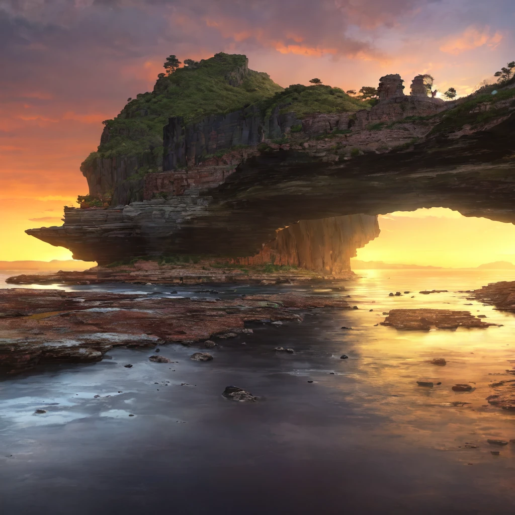 Aerial view of rocky landscape,Bridge across the water, Gorgeous background, Beautiful and natural rim light, Mysterious environment, Nature Wallpapers, Artistic 4K, an Stunning scenery image, Amazing depth, Beautiful wallpapers, Stunning screensaver, Ocean and rocky landscape, Stunning scenery, Stunning scenery, Rock Arch, breathtaking composition, Amazing wallpapers, nice environment, Sunset