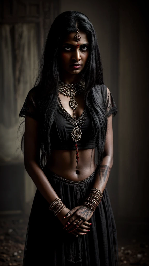a beautiful Indian woman with intense angry expression,long sharp red eyes and long black ragged nails,wearing dark ghostly attire,standing in a dark vintage broken horror room,hyperdetailed,8k,photorealistic