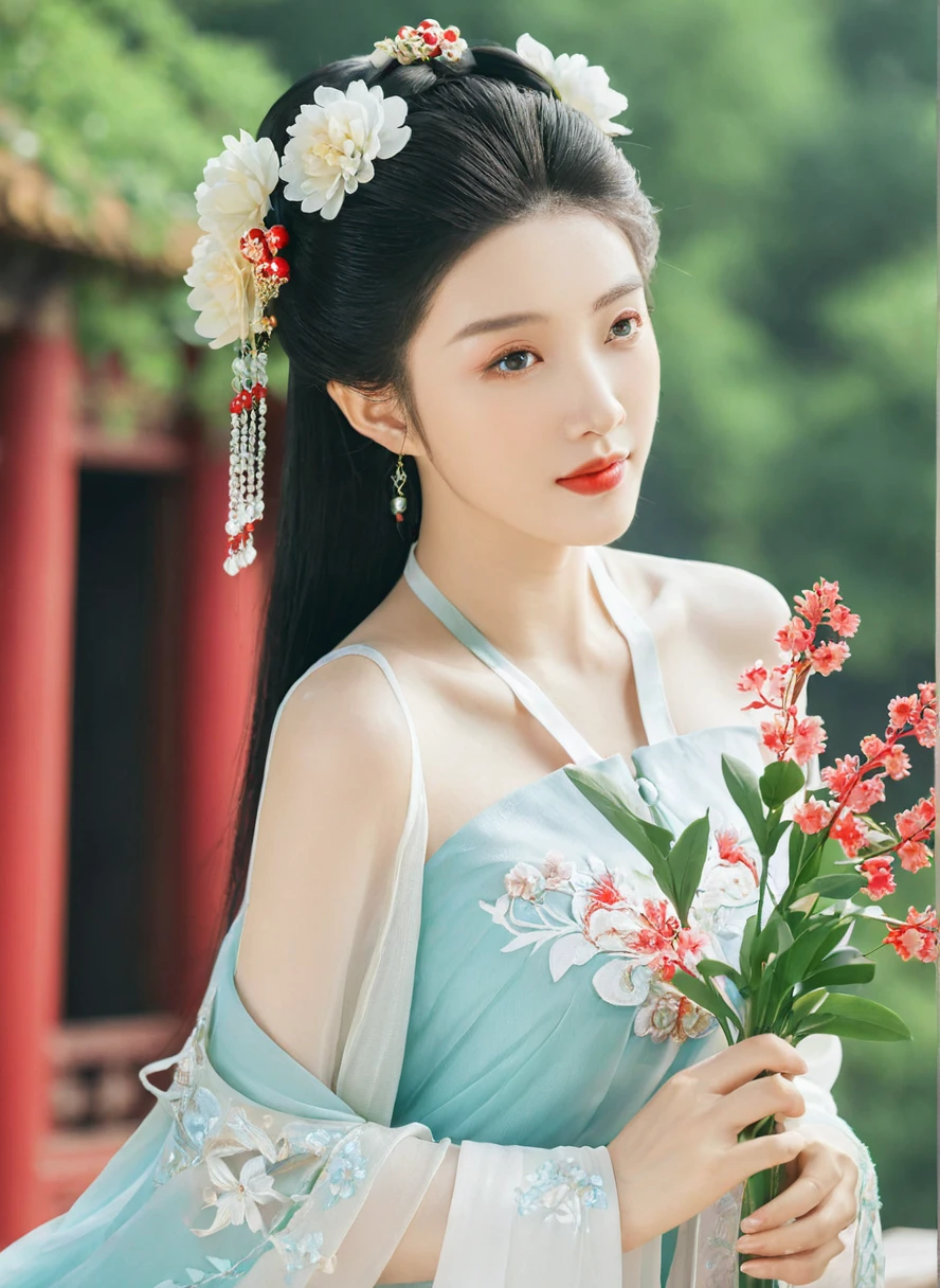 gufeng,Bare shoulders, ((Bare shoulders)), ((Shot in the knee)), ((Standing and walking)), ((Elegant and charming gesture)), ((Close-up shot)), Photo of woman with flowers in hair, Portrait of Du Qiong, CG Trends, Reality, Beautiful Chinese model, Traditional Beauty, Chinese Girl, cgstation Trends, Hot topics on cgstation, Chinese, palace ， Cute and delicate face, beautiful girl, A beautiful young womatomically correct