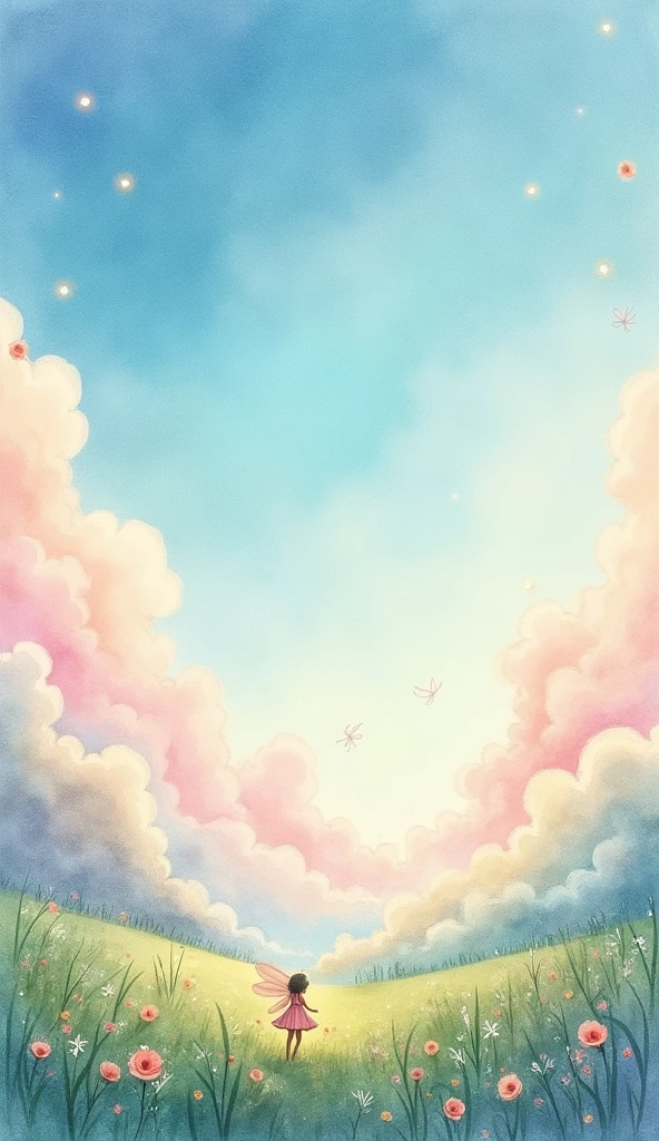 ￼ Watercolor and pencil lines, with a soft, fairy-like feel, and a pastel blue sky image.