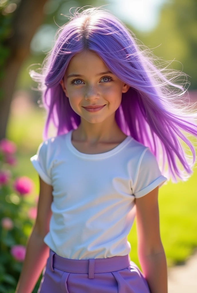 Girl with purple hair, violet eyes, with big breasts and sometimes. In a tight white T-shirt, and a skirt. Smiles playfully.