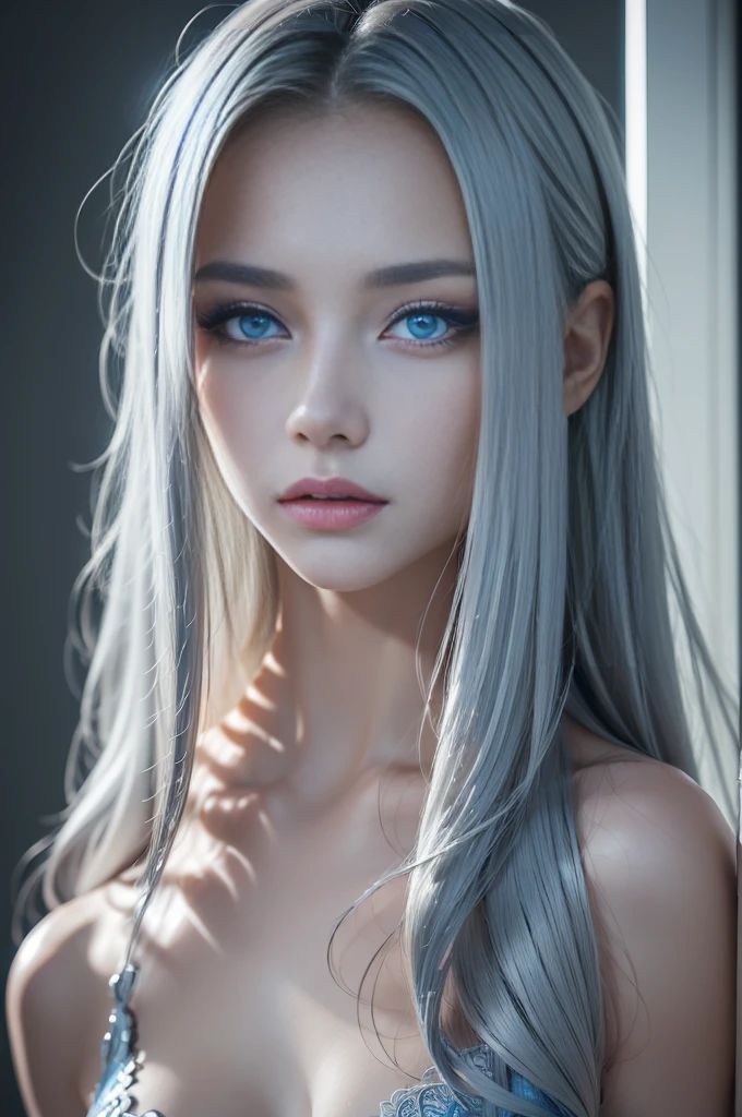 8k, (full body shot:1.2), 20-year-old European girl, raw, Beautiful woman, (straight gray hair), (intricate, sheer, transparent, translucent,(no clothes:1.2)), intricate, beautifull face, elegant, highly detailed, digital hyperrealistic photography, hyperrealistic photography filigree, shyness, most beautyfull face, (masterpiece, sidelighting, (finely detailed beautifull blue eyes: 1.2)),