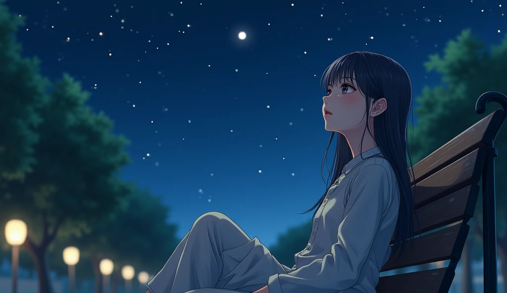 (best quality, masterpiece, ultra detailed, ultra high res, photorealistic, raw photo, absurdres, absolutely resolution), A teenage Japanese female idol sits on a park bench at night and looks up at the sky. The camera zooms in from top to bottom, capturing her expression.
