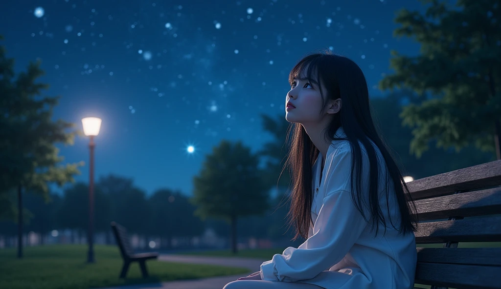(best quality, masterpiece, ultra detailed, ultra high res, photorealistic, raw photo, absurdres, absolutely resolution), A teenage Japanese female idol sits on a park bench at night and looks up at the sky. The camera zooms in from top to bottom, capturing her expression.