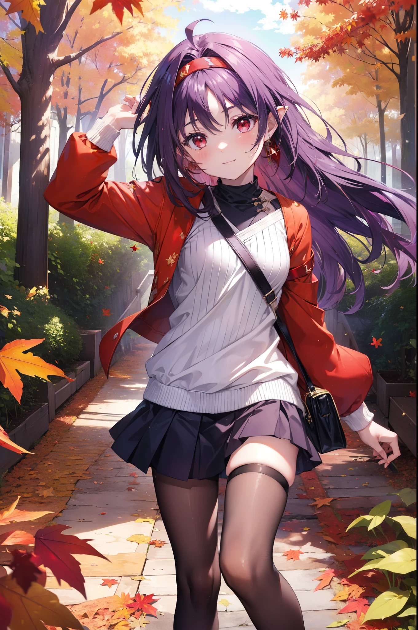 yuukikonno, Yuuki Konno, hair band, Long Hair, Pointed Ears, Purple Hair, Ahoge,(Red eyes:1.5), (Small breasts:1.2), smile,blush,Close your mouth,purple v neck sweater,mini skirt,Black pantyhose,short boots,Walking,autumn leaves,autumn leaves,scattered,autumn leavesが積もっている,Autumn sky,whole bodyがイラストに入るように,
break looking at viewer, whole body,
break outdoors, garden,forest, nature,
break (masterpiece:1.2), Highest quality, High resolution, unity 8k wallpaper, (figure:0.8), (Beautiful attention to detail:1.6), Highly detailed face, Perfect lighting, Highly detailed CG, (Perfect hands, Perfect Anatomy),