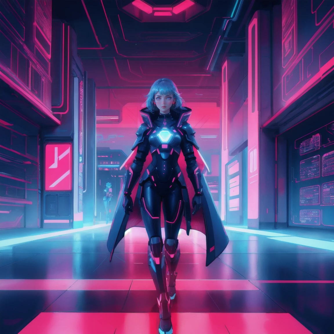 A futuristic, cyberpunk scene with a neon grid floor, glowing cryptocurrency symbols, and a digital cityscape in the background. multiple beautiful, cute girls in red and blue cybernetic armor, keeping the background exactly the same. red theme