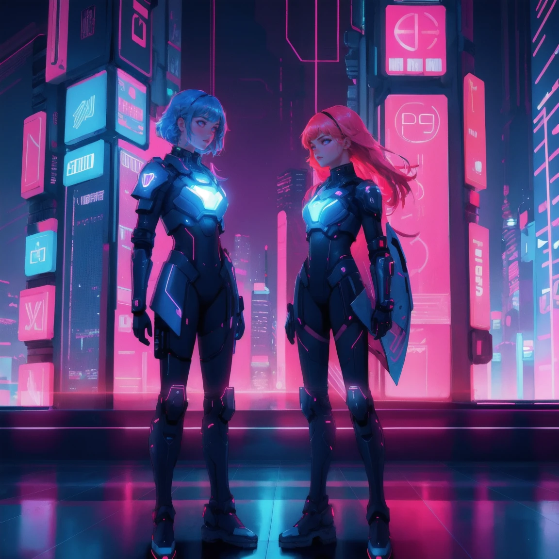 A futuristic, cyberpunk scene with a neon grid floor, glowing cryptocurrency symbols, and a digital cityscape in the background. multiple beautiful, cute girls in red and blue cybernetic armor, keeping the background exactly the same. red theme