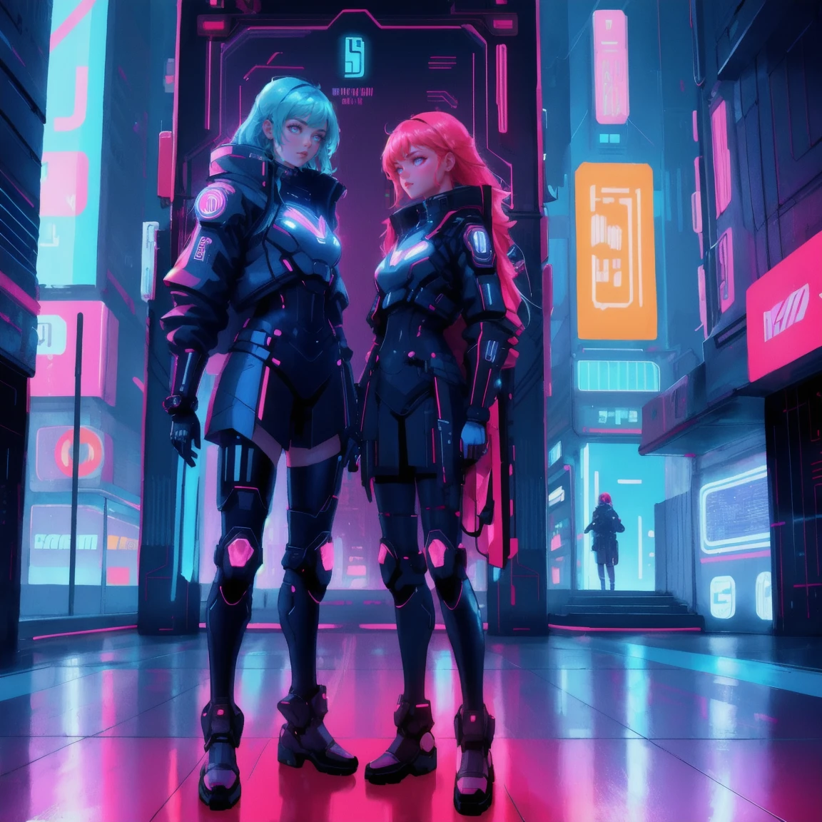 A futuristic, cyberpunk scene with a neon grid floor, glowing cryptocurrency symbols, and a digital cityscape in the background. multiple beautiful, cute girls in red and blue cybernetic armor, keeping the background exactly the same. red theme