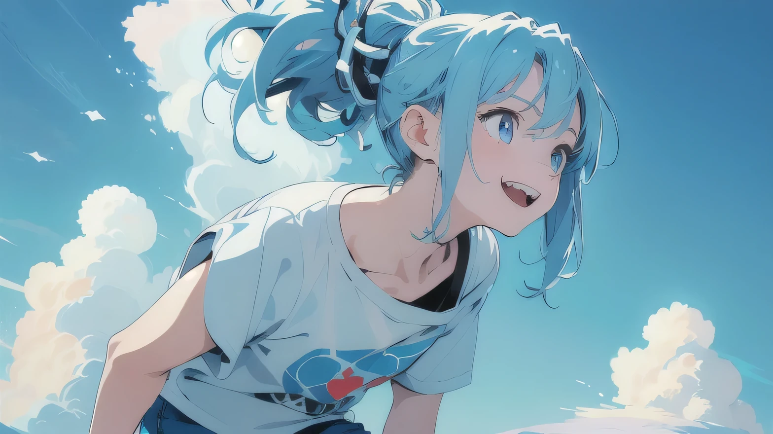 Masterpiece, best quality, Close view, glowing sky, vast world, girl, staring, happy expression, distant horizon, clouds, high hills, natural beauty, inspiration, light effects, (light blue hair, ponytail) and (light blue eyes) ), (T-shirt) and (shorts), big smile, happy, ((looking up)), (((bold outline))), vector art, painted in solid color