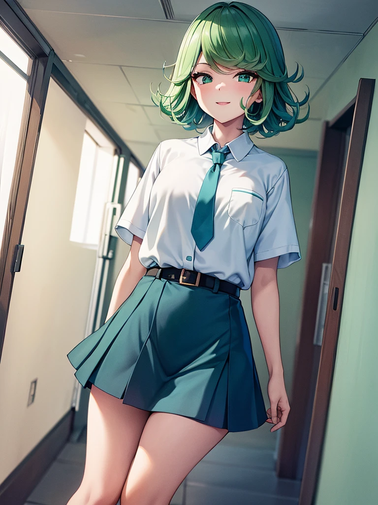 (high res, 8K, masterpiece, looking at viewer, best quality, very aesthetic, ultra detailed, ultra background, ultra Eyes) intricate details, 1girl, Tatsumaki, Chibi, body perpendicular to facing the camera, Green Short Hair, Green Eyes, short sleeved white shirt, Smile Face, pocket on left chest, wearing a light Blue tie, light Blue short skirt, wear a belt, Background school hallway, School, Cinematic Angle