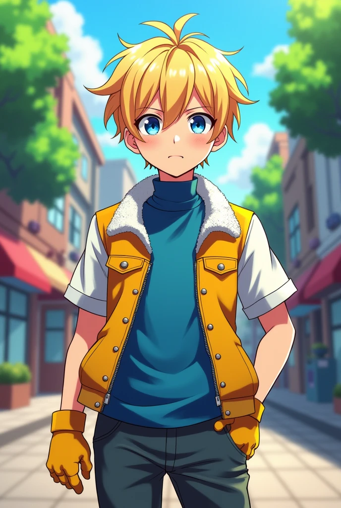 An anime 16 y/o  boy has an sparky white collar and jacket with  half sleeves like a shirt and a blue turtleneck under his jacket and yellow half finger gloves dark blue pants with light yellow hair and blue eyes  in day time 