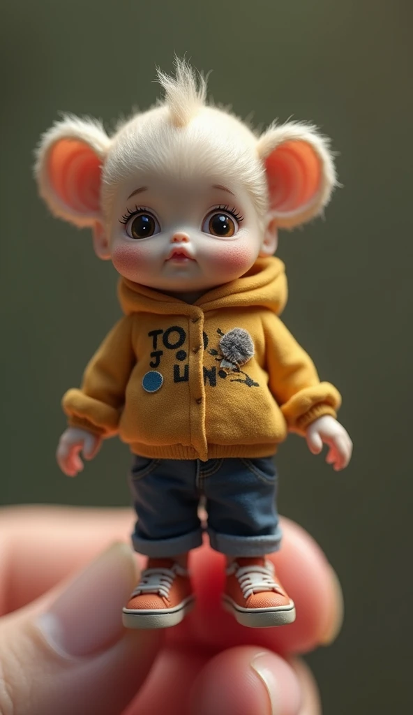 photorrealistic, 8k, Micro Tiny baby [LOBO] wearing cloths, perched on a human finger