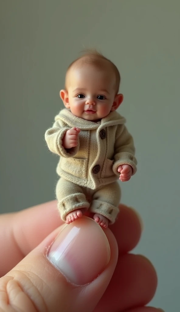 photorrealistic, 8k, Micro Tiny baby [LOBO] wearing cloths, perched on a human finger