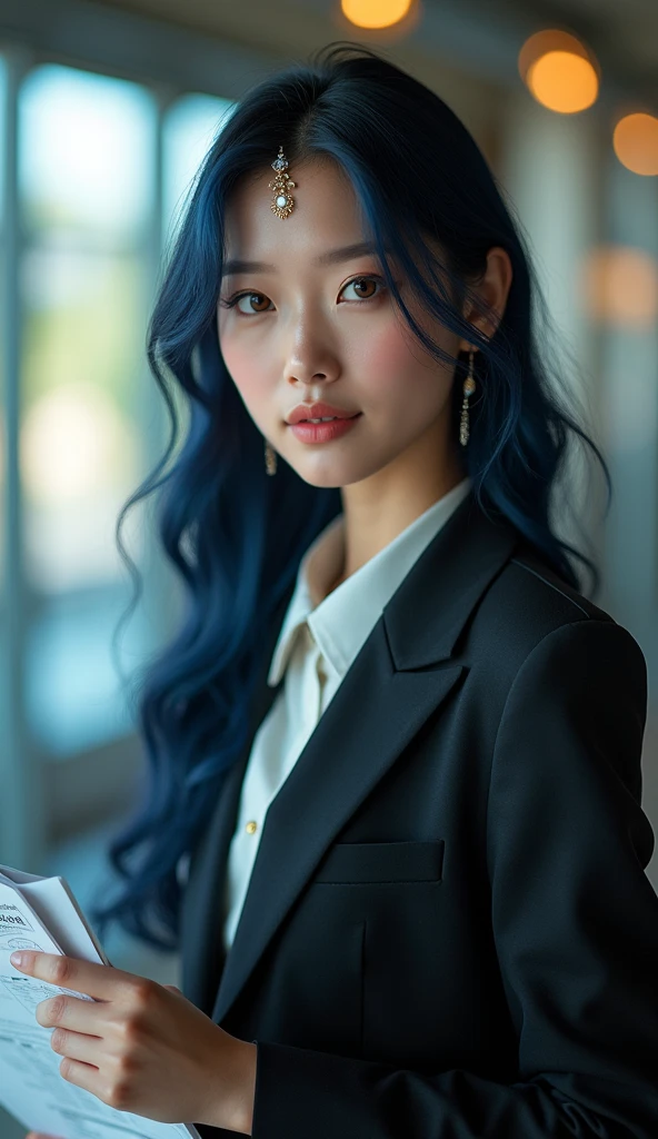 a beautiful half-thai, half-swiss, half-japanese female model wearing an office uniform, dark blue hair, forehead jewel, multicolored eyes, mouth hold, move chart, photographed from below, diffraction spikes, neoclassical style, motion blur, (best quality,4k,8k,highres,masterpiece:1.2),ultra-detailed,(realistic,photorealistic,photo-realistic:1.37),studio lighting,vivid colors,bokeh