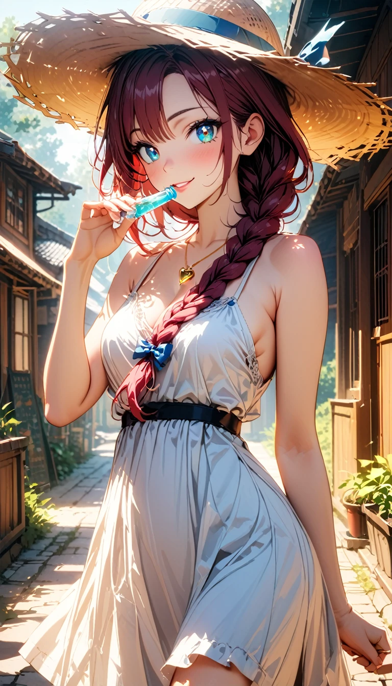 (masterpiece, very aesthetic:1.4), best quality, incredibly absurdres, Accurate, intricate, 8K, stunning, stylized, 
ultra-detailed, (incredibly detailed:1.2), fine texture, 
cinematic, recent, (vibrant:1.2), (clear pictures, clean lines, crisp edges), illustration, (soft lighting:1.2), 
cowboy shot, 
BREAK 
1 beautiful girl, 18yo, small face, beautiful detailed face, narrow waist, The beauty and danger of growing from a girl to an adult, A symbol of miraculous beauty, Graceful posture, sensual, bewitching woman,  (cleavage:0.8), 
(burgundy hair, a long single braid hair:1.4), asymmetrical bangs, smooth hair, 
BREAK 
(aqua blue eyes), black oblong pupils, (slant eyes, glass-like sparkling eyes are blurry and dreamy, beautiful detailed eyes, growing eyes, long delicate eyelashes, Meticulous Eyelash Details), 
BREAK 
(white camisole Dress, Sleeveless, big straw hat:1.3), (a tiny heart-shaped golden colored ring pendant:1.4), 
BREAK 
A small, rural Japanese village under the intense summer sun, 
In front of an old-fashioned, nostalgic dagashi candy shop, (drinking cold blue Ramune soda directly:1.2), the glass bottle sweating in the heat, 
The scene is a mix of bright light and deep shadows, emphasizing the scorching heat and the refreshing moment, 
BREAK 
gorgeous lips, natural pink lips, beautiful detailed lips, Glossy, 
(seductive smile:1.3),  perfect eyes, 