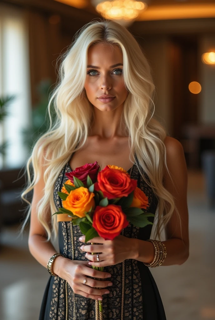 Raquel Hunter, , visage ultra détaillé, Yeux bleus ultra détaillés, Cheveux longs , platine blonde, (Hits, hotel de luxe, mannequin (corps entier )(photo de loins) ;(Sensual); (tenues tendance),(tenues mode), (accesoires ;umière), (((seins moyens, Encolure, Chef de'ouvrages d'art))) outfit , bouquet de fleur