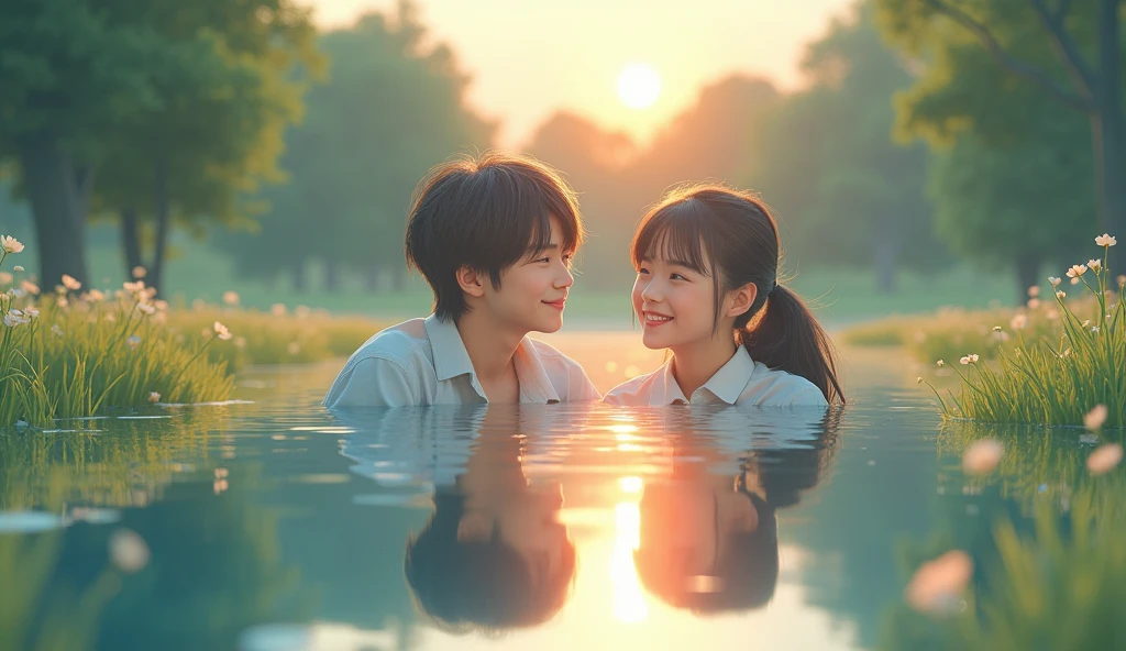 (best quality, masterpiece, ultra detailed, ultra high res, photorealistic, raw photo, absurdres, absolutely resolution), A quiet lakeside, at dawn. The camera stops and shows the image of a teenage Japanese male idol and a teenage Japanese female idol reflected on the lake surface.