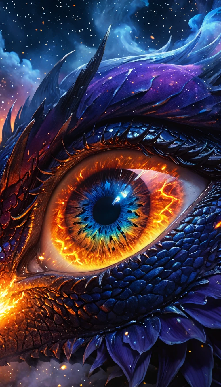 a close up anime comic picture of a dynamic color dragon eye, you see the night sky and endless stars, nebula, in the irises, some smoke and fire from the dragon, , high details, best quality, 16k, [ultra detailed], masterpiece, best quality, (extremely detailed), dynamic angle, ultra wide shot, photorealistic, ((fantasy art)) ultra best realistic, best details, best quality, 16k, [ultra detailed], masterpiece, best quality, (extremely detailed), photorealism, depth of field, hyper realistic, rpg portrait, photograph, Cinematic Shot