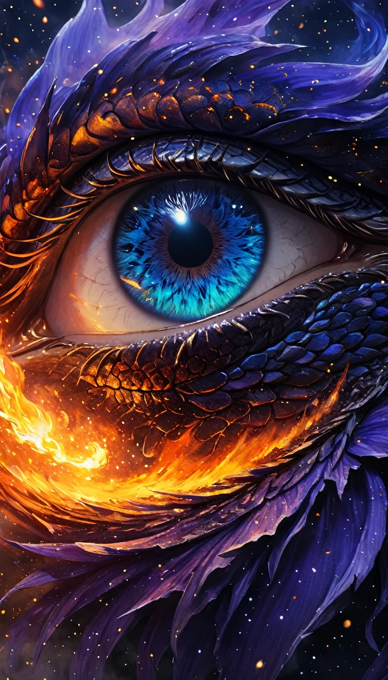 a close up anime comic picture of a dynamic color dragon eye, you see the night sky and endless stars, nebula, in the irises, some smoke and fire from the dragon, , high details, best quality, 16k, [ultra detailed], masterpiece, best quality, (extremely detailed), dynamic angle, ultra wide shot, photorealistic, ((fantasy art)) ultra best realistic, best details, best quality, 16k, [ultra detailed], masterpiece, best quality, (extremely detailed), photorealism, depth of field, hyper realistic, rpg portrait, photograph, Cinematic Shot