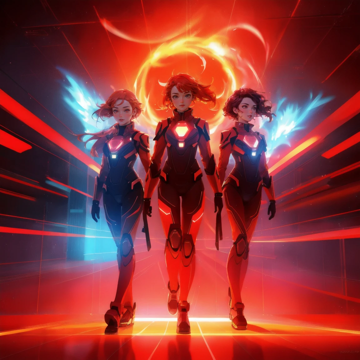 A futuristic scene with a glowing grid floor, fiery energy bursts, and dynamic light trails in the background. Replace the fiery figure with multiple beautiful, cute girls in similar fiery suits, maintaining the same vibrant and energetic atmosphere. with red theme