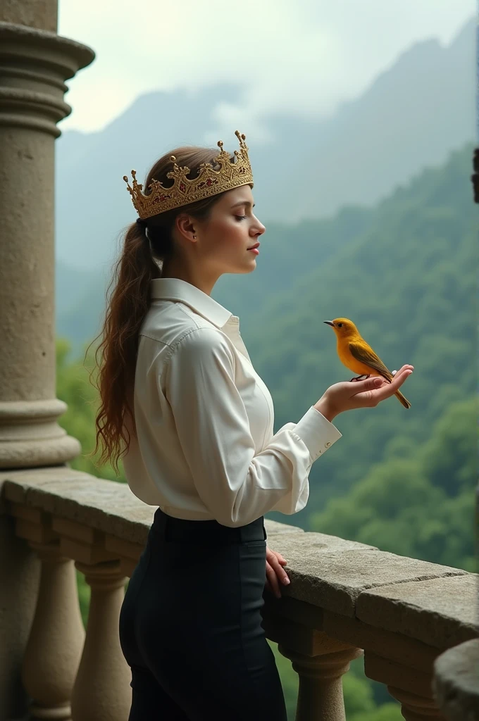 create a image of a princess standing on castle s balcony and she should sing a song with a golden bird and the weather should be cloudy ,wearing a beautiful crown made up of gold ,and she should wear a boy black shirt pant white colour for men color dress.