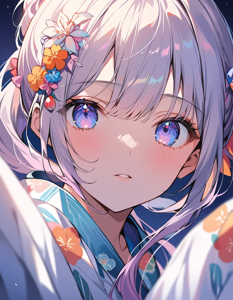 (masterpiece:1.2),(anime),girl、cute、long Hair、ponytail、hair ornaments、Girl wearing yukata,Night stalls、Festivals、summer night、Light production、Beautiful artwork、Detailed drawing、A Scene of Youth,Close-up, Close-up portrait of a girl looking directly into the camera lens, extreme close-up, facial features in sharp focus, intense eye contact, wide-angle lens effect, slightly distorted perspective