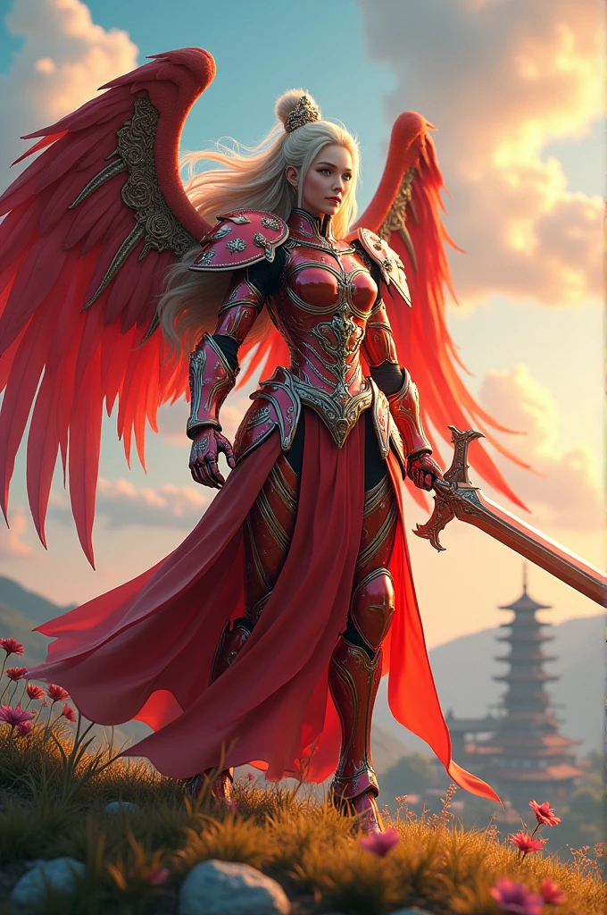 (masterpiece, best quality),  intricatemechanical soldier, korean beauty like tae yon, blue eyes, blonde hair, full red mate titanium armor with old javanese relic, mechanical detail wings, holding angelic big sword, bright smile, wear angelic boot, smal light armor on arm and leg with old javanese relic, standing on top the hill with old japanese village seen on far away,uhd. use the RenderMan renderer.digital art. High definition, high contrast, high color saturation, 3d,128k,cinematic lighting, intricate,cinematic lens, advertising photograph,ultra detail. Wallpaper size.
